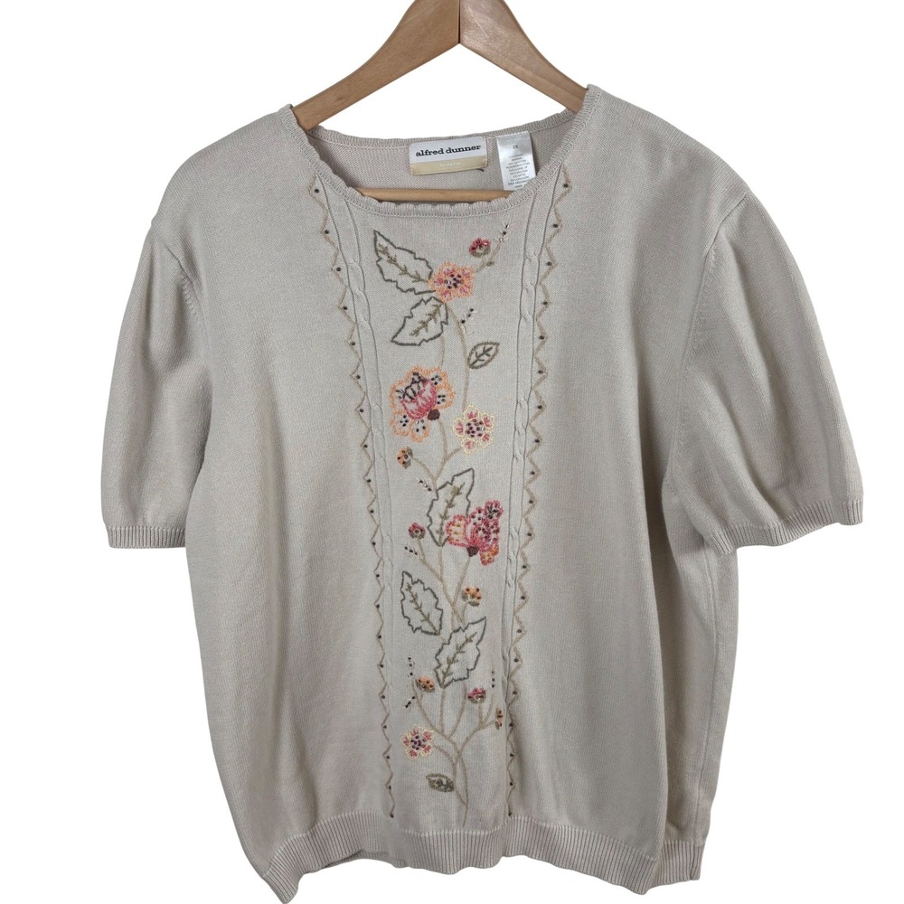 VTG Alfred Dunner Women's 2X Beige Embroidered Short-Sleeve Sweater Cottagecore‎